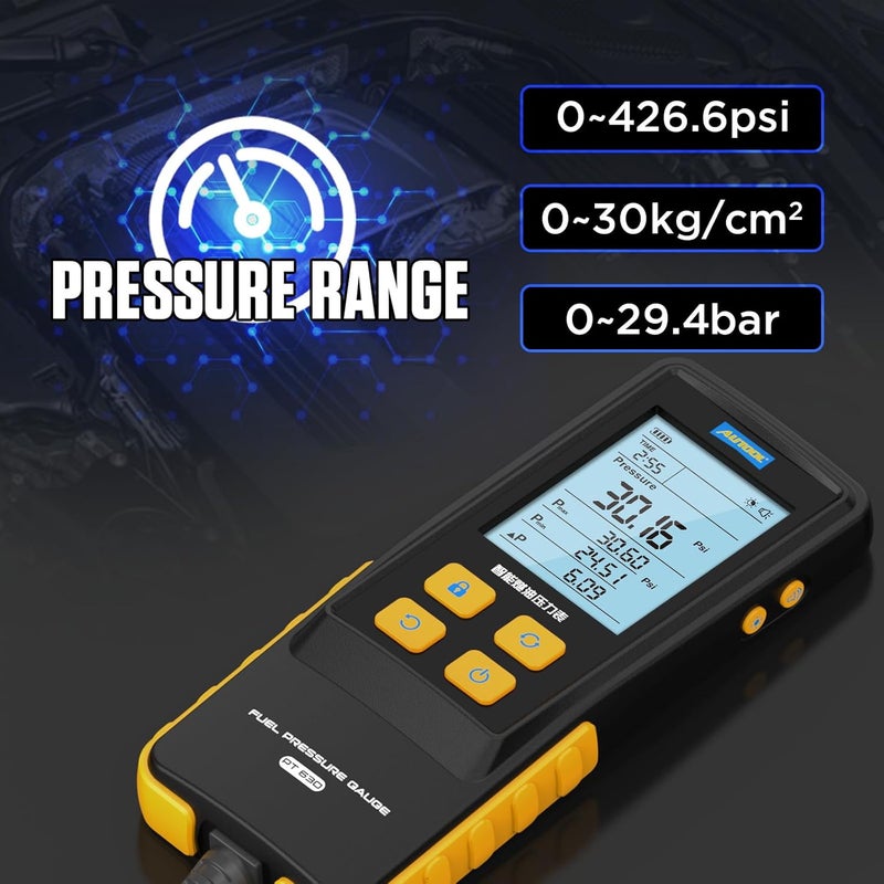 Autool Fuel Pressure Gauge Digital Fuel Pressure Tester Kit 0-426PSI 0~29bar for Petrol Engine Fuel Pressure Test, Automotive Fuel Pressure Tester with Hoses Adapters PT630 - Image 2